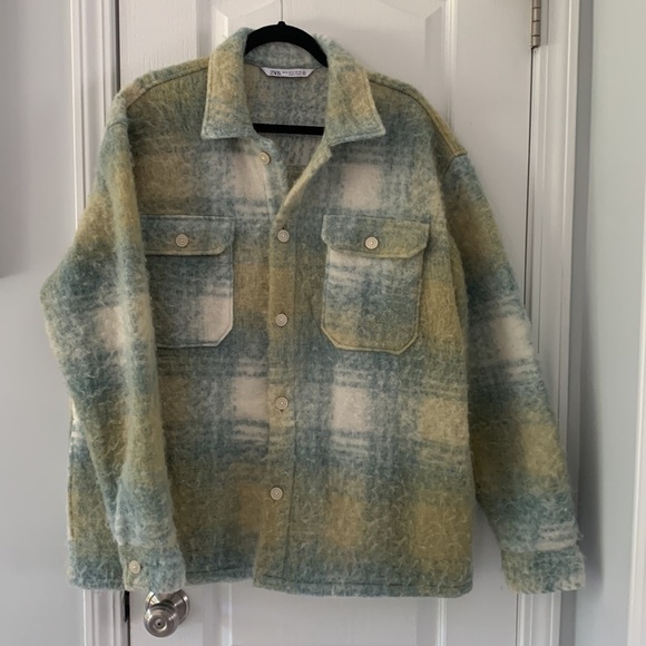 Zara Oversized Overshirt Plaid Jacket xL blue yellow buttons fuzzy hair - Picture 7 of 14
